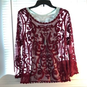 Maroon Mesh Embroidered Top